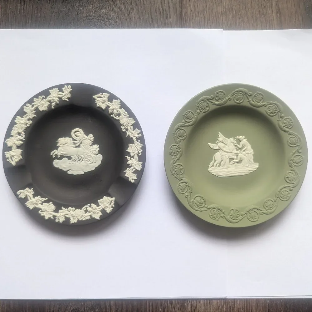 Wedgwood Two Different Jasperwood Ashtrays Black Green White Horse Light Wear - Picture 1 of 10